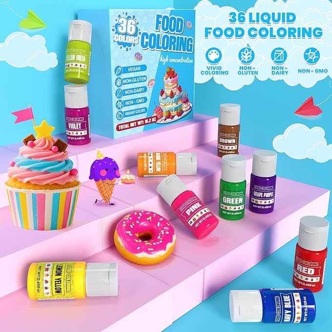 Food Coloring - 36 Colors Liquid Food Dye Set, Concentration Food Color for Christmas Cake Decorating, Baking, Easter Egg, Icing, Fondant, Cooking, Slime Making Kit and DIY Crafts - 0.45oz/Bottles