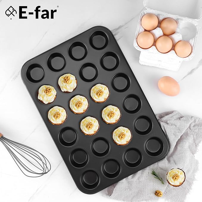 E-far Mini Muffin Pan 24-Cup - Nonstick Carbon Steel Cupcake Tin Tray for Little Bites & Freezer Prep | Warp-Free Bakeware Ensures Even Baking & Effortless Release, Regular Size & Oven Safe