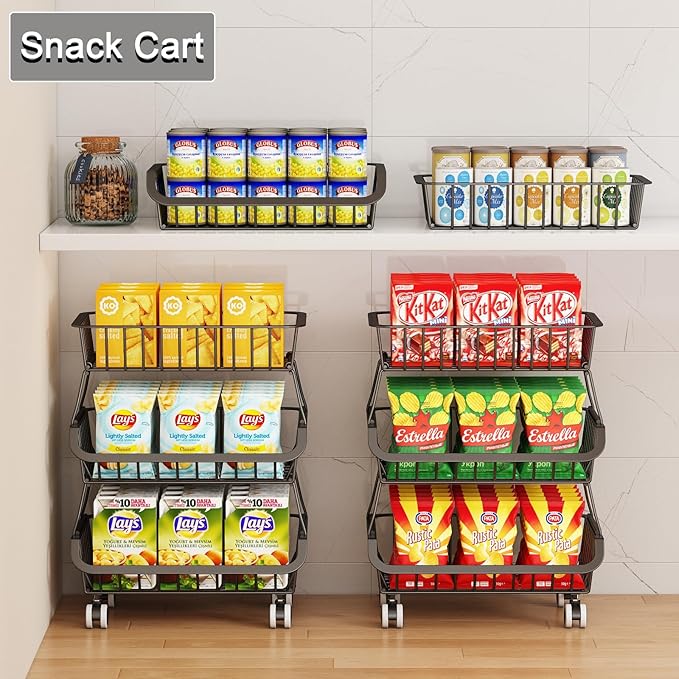 3-Tier Rolling Pantry Floor Organizer, Stackable Pantry Storage Cart with Wheels, Metal Wire Snack Organizers, Kitchen Fruit Basket Stand, Vegetable Storage Rack for Onion Potato Snacks, Black, 2 Pack