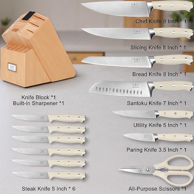 Newly Updated Premium Chef Knife Set High Carbon Stainless Steel Sharp Blade Ergonomic Rivets Handle Knife Block Set Hundreds of Years of Masterful Craftmanship(Ivory,15PCS)