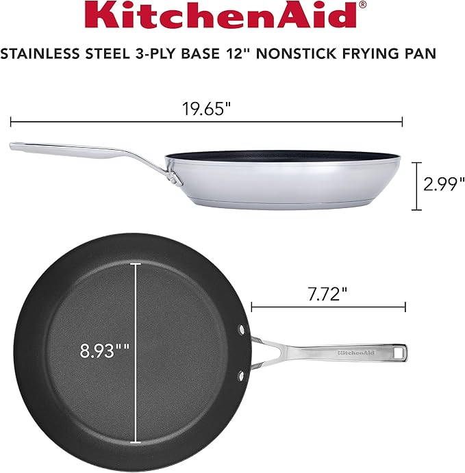 KitchenAid 71010 3-Ply Base Brushed Stainless Steel Nonstick Frying Pan/Fry Pan/Skillet, 12 Inch