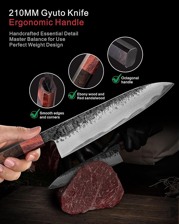 8.27 Inch Japanese Chef Knife, 210MM Black Forged Japanese Knife with Red Sandalwood and Eboy Wood Handle, Gyuto Chefs Knives with Premium Gift Box (WA Series)