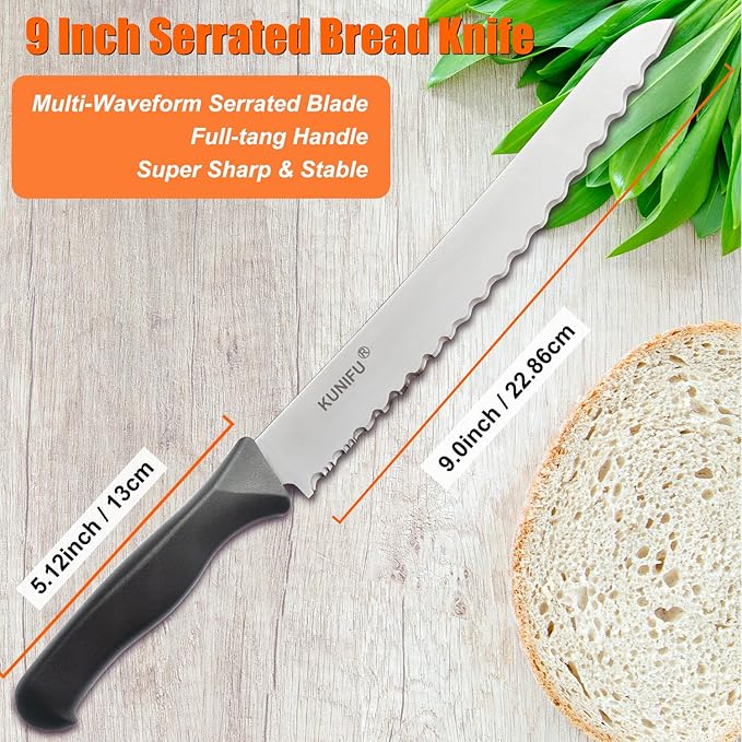 KUNIFU Bread Knife, 9.0 Inch Serrated Knife For Homemade Bread, Bread Slicer For Sourdough Cake Bagels