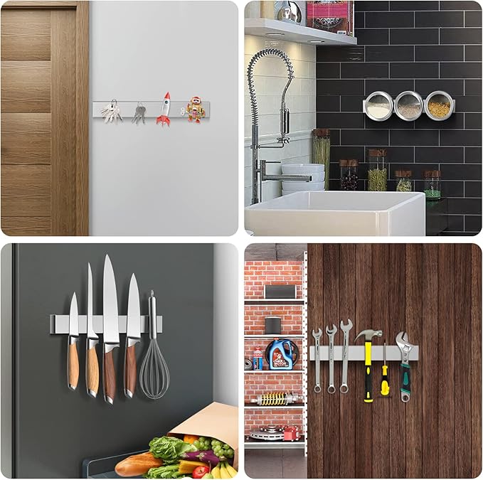 Ninonly 10 Inch Magnetic Knife Holder for Refrigerator, Stainless Steel Double Sided Magnet Knife Strip for Wall, No Drilling Magnetic Knife Rack with Powerful Magnetic Pull Force Fridge Applicable