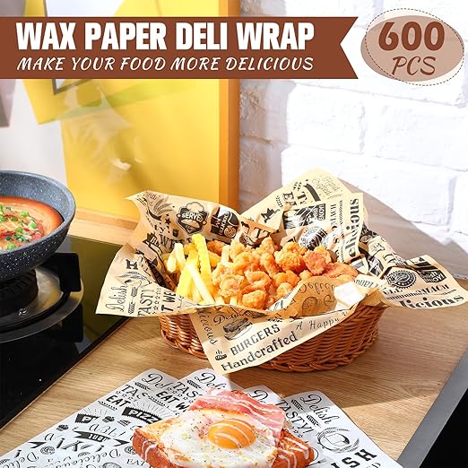 600 Pcs 12 x 12 Inch Deli Wax Paper Sheets Grease Resistant Tray Basket Liners Newsprint Paper Water and Grease Proof Sandwich Wrapping Square Hot Dog Wrappers for Food Baking (Brown,White)