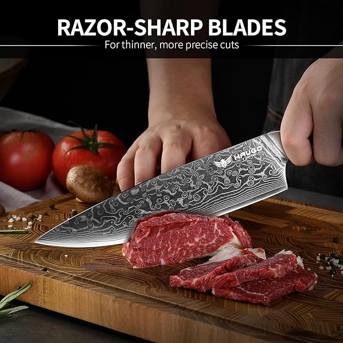 Damascus Knife Set - Haugo 3 PCS Professional Chef Knife Set with Japanese VG10 Steel Core - Ultra Sharp Kitchen Knives and Full Tang G10 Handle - Ronin Series - Gift Box