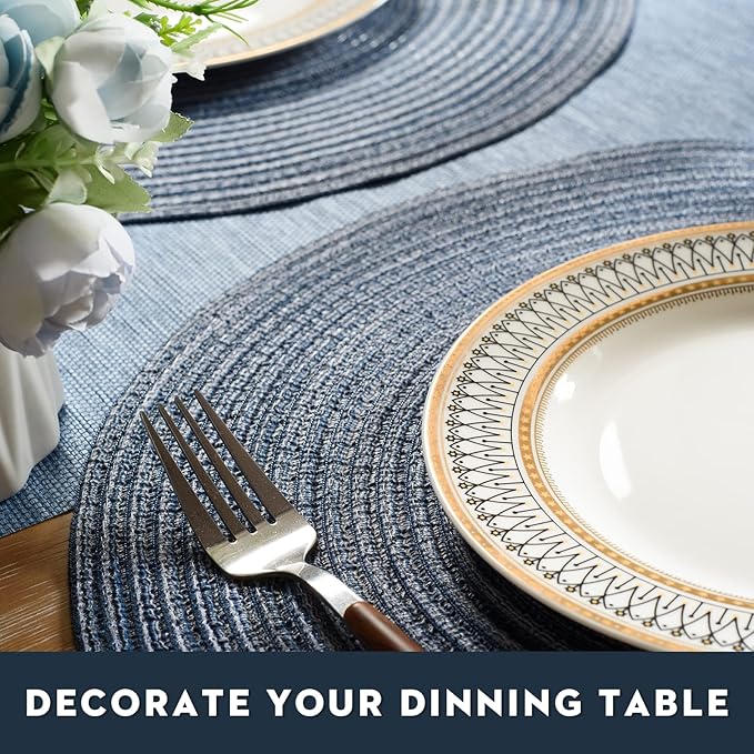 FunWheat Round Braided Placemats Set of 8 Place mats for Dining Tables Woven Heat Resistant Table Mats 15 inch(E Klein Blue, 8pcs)