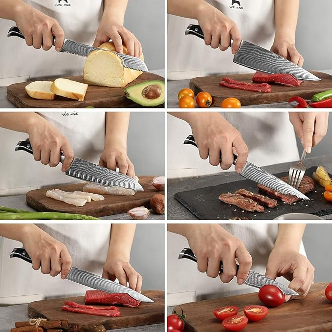 Damascus Kitchen Knife Set with Block - Razor Sharp 67-Layer VG10 Steel, Triple Rivet Handles, Chef, Santoku, Utility, Bread & Paring Knives, Sharpener, Shears, Grey, 9 Pcs