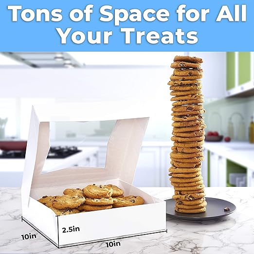 Gourmet 10in White Bakery Boxes 5 Pk. Cute Window Displays for Pies, Cakes, Cupcakes, Pastries. Transport Baked Goods with Sturdy, Easy-to Use Carriers. Give Sweet Holiday Gifts at Work or School