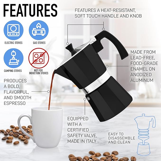 Zulay Moka Pot Espresso Stovetop Coffee Maker - Leak-Proof, Stainless Steel, Easy to Clean, Heat Resistant Handle & Knob - for Authentic Cuban & Italian Style Espresso - Makes 6 Espresso Cups - Black
