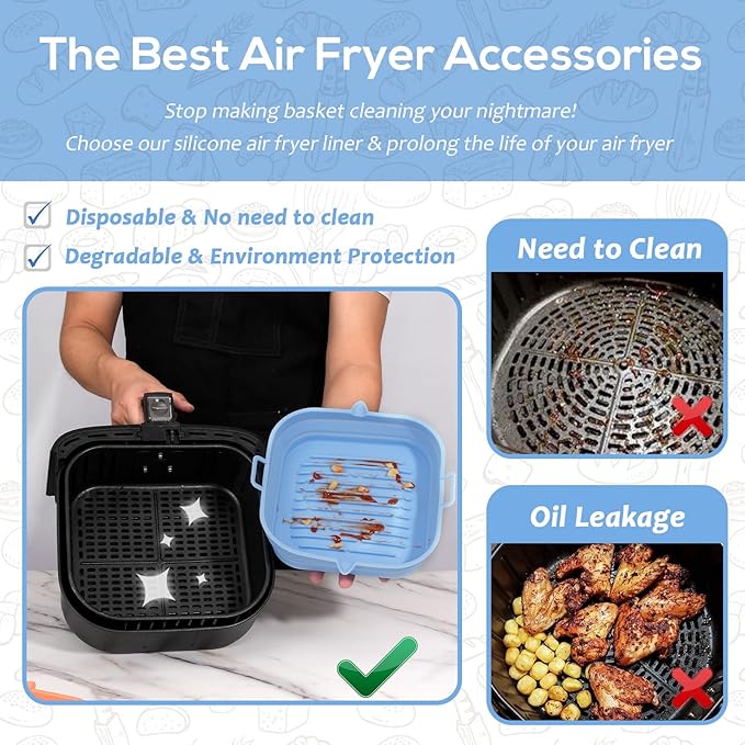 Silicone Air Fryer Liners Square - Reusable Airfryer Silicone Basket - Easy to Clean Air Fryers Silicone Pot for 5.8 to 8 Qt Air Fryer Baking Tray Oven Accessories, 8.5 Inch Large