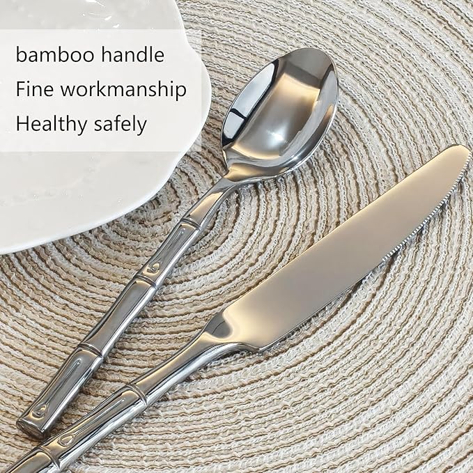 Bamboo 20-Piece Silverware Set, Stainless Steel Flatware Set, Cutlery Set Mirror Polished, Dishwasher Safe, Service for 4