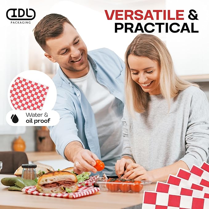 Red Checkered Deli Paper Sheets, 12" x 12" (1000 pcs.) - USA-Made Premium Food Basket Liners - PFAS-free Grease Resistant Deli Paper Sheets for Snack & Baking Wrap, Picnic & Party by IDL Packaging