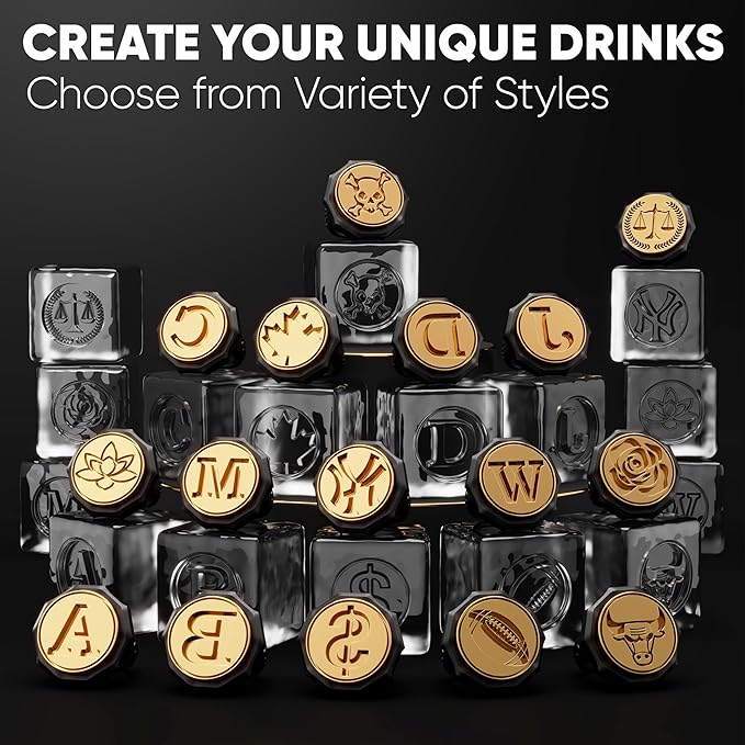 Berlinzo Ice Stamp Ring for Cube & Sphere - Custom Ice Cubes for Whiskey, Mojito Cocktails – B Letter Shaped Brass Ice Stamp b/ 3mm Depth - Black