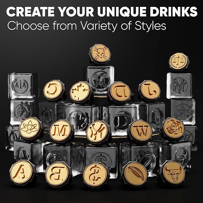 Berlinzo Ice Stamp Ring for Cube & Sphere - Custom Ice Cubes for Whiskey, Mojito Cocktails – D Letter Shaped Brass Ice Stamp d/ 3mm Depth - Black
