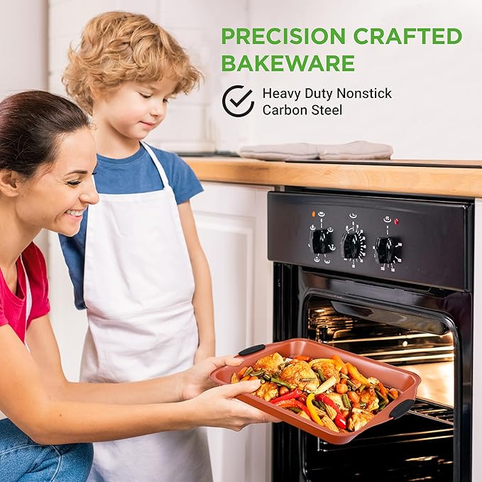 NutriChef 8 Piece Baking Pans Set - Nonstick Carbon Steel Bakeware Set w/ Silicone Heat-Safe Handles - Includes Loaf Pan, Muffin Pan, Cookie Sheets, Pizza Crisper, Roasting Pans - Rose Gold