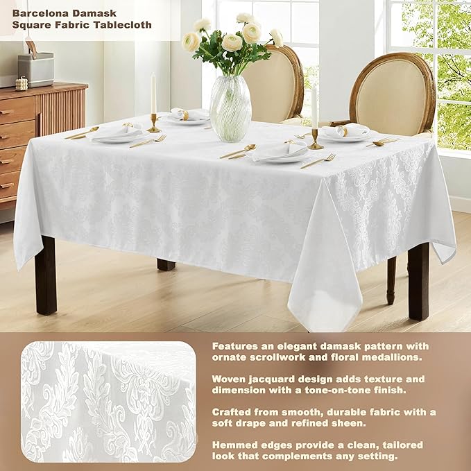 Newbridge Barcelona Luxury Damask Fabric Tablecloth, 52” Wide x 52” Square, White, 100% Polyester, No Iron, Soil Resistant Dining Room, Party and Banquet Table Cover