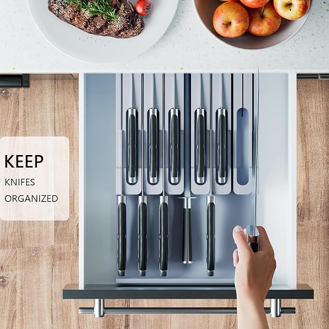 Domax Bamboo In-drawer Knife Block - Knife Drawer Organizer Insert Large Handle Steak Knife Holder, Kitchen Drawer Knife Organizer Fits for 12 knives and 1 Sharpening Steel (Not Included), Gray