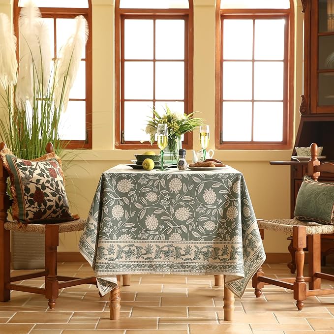 ISAENNE Designer Grayish Green Linen Table Cloth Rectangular,Floral Elegant Stain Resistant Tablecloth,Fall Vintage Decor Tablecloths for Dining Thanksgiving Kitchen Party,55"*87"-Andrew A