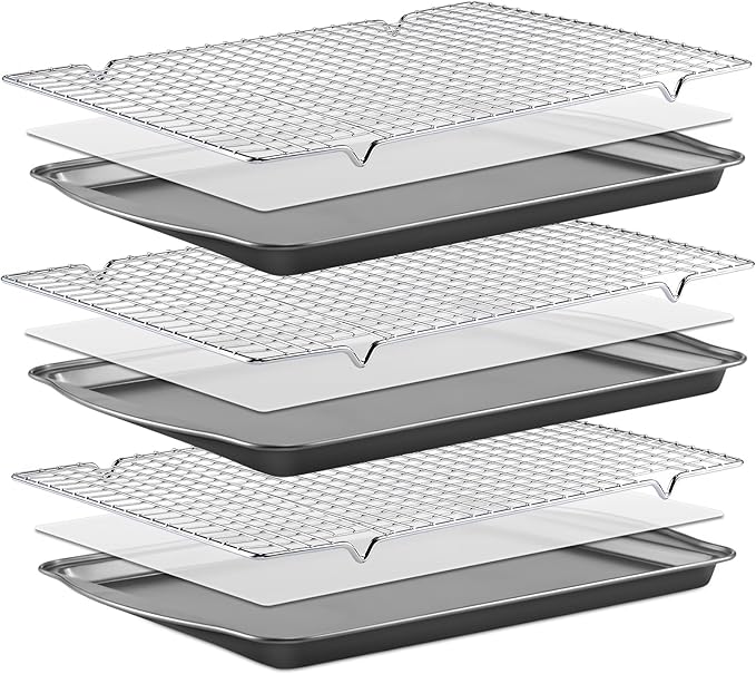BEWOS Baking Sheet Pans With Racks Set - Including 17.6 × 12 × 1.26 Inch Carbon Steel Baking Sheet, Set of 106 (3 Sheets + 3 Cooling Racks + 100 Parchment Paper), Nonstick Bakeware sets for Baking