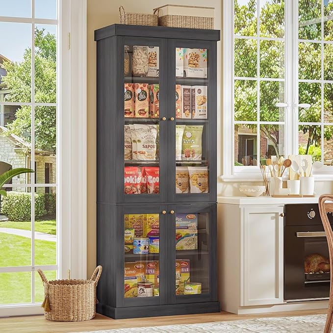 70.8" Bookshelf with Glass Doors, Farmhouse Modular Bookcase with 6-Tier Adjustable Shelves, Large Storage Cabinet for Living Room & Home Office, Set of 2, Black