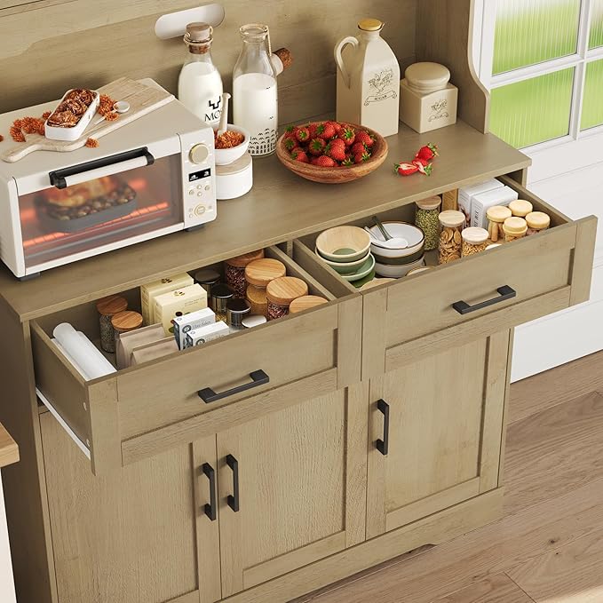 FACBOTALL Tall Kitchen Pantry Cabinet, Farmhouse Food Pantry Cabinet with Doors and Adjustable Shelves, Kitchen Hutch with Countertop and Microwave Stand for Dining Room, Living Room, Oak Color