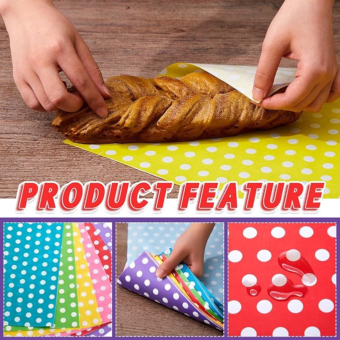 Fulmoon 600 Sheets Waxed Deli Paper Sheets for Food 12 x 12 Inch Polka Dot Dry Wax Paper Greaseproof Food Basket Liners Sandwich Wraps for Wrapping Bread Baking BBQ Picnic Party (Multicolor)