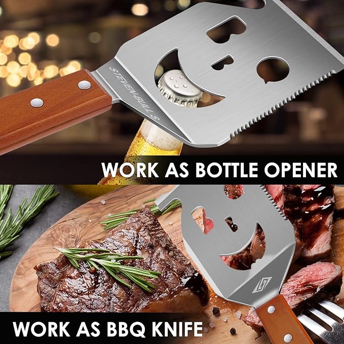 Heavy Duty BBQ Grill Tongs and Spatula for Outdoor Grill, 17” Long 5-in-1 Grill Spatula Comes with an 16” Long Locking Kitch Tongs, Best BBQ Gifts for Barbecue Grilling Master