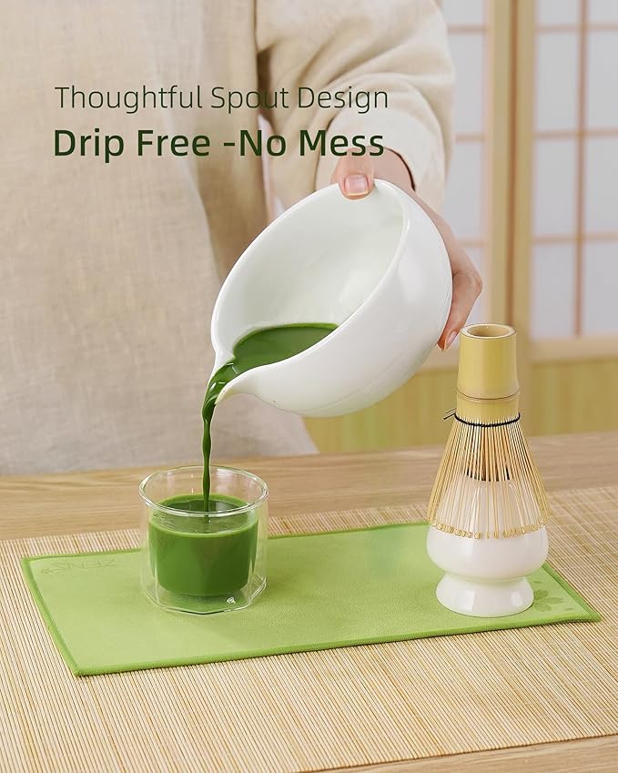 ZENS Matcha Whisk Set, 6pcs Matcha Kit Includes Ceramic Bowl, Handcrafted Bamboo Whisk and Chasen Holder, Scoop, 304 Sifter & Tea Mat，Matcha Set for Tea Ceremony,Latte Making, White
