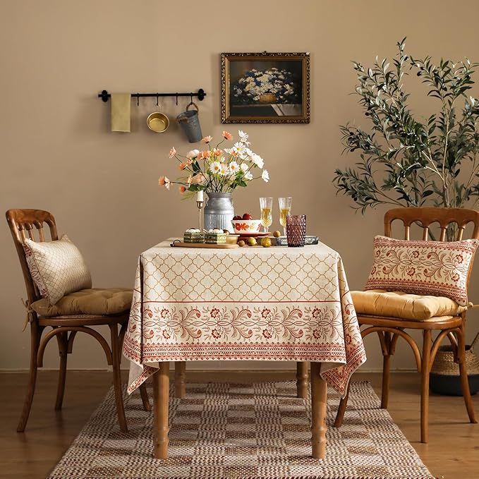 ISAENNE Designer Linen Floral Extra Long Rectangle Tablecloth,Pale Yellow Farmhouse Indoor Table Cloth,Durable Decor Tablecloths for Dining Kitchen Thanksgiving,67"*118"-Chamonix A