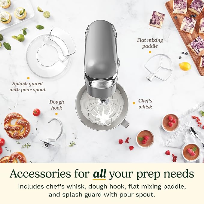 Cuisinart Stand Mixer, 12 Speeds, 5.5-Quart Mixing Bowl, Chef's Whisk, Flat Mixing Paddle, Dough Hook, and Splash Guard with Pour Spout, Silver Lining, SM-50BC, Silver Lining