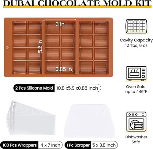 2 Pcs Chocolate Bar Mold Deep Dubai 0.85 Inch Stuffed Large Chocolate Molds Silicone Break Apart Thick Silicone Molds for Candy Bar, With 100 Pcs Wrappers and 1 Pc Scrapers Set (8 Snap）