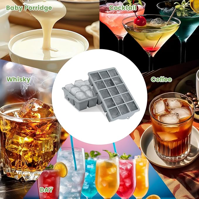 FANYITY Silicone Ice Cube Trays 2-Pack with Locks lids,Easy Release Ice Molds for Freezer,Perfect for Cocktails, Whiskey, Coffee