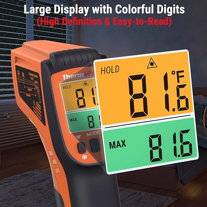 ThermoPro TP450 Dual Laser Temperature Gun for Cooking, Digital Infrared Thermometer for Pizza Oven Grill, Laser Thermometer Gun with Adjustable Emissivity Temp Gun -58℉to 1022℉(Not for Human)
