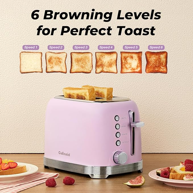 Toaster 2 Slice Retro Stainless Steel with 1.5” Extra Wide Slots Bagel, Defrost, Reheat, Cancel Functions, 6 Bread Shade Settings, Removable Crumb Tray, Purplish Pink