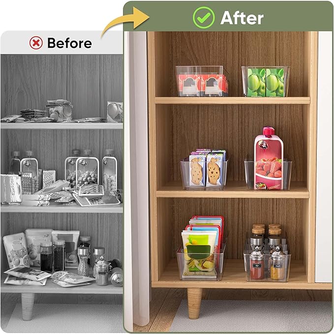 BALEINE Pantry Organizers and Storage Bins, Plastic Clear Storage Bins with 3 Removable Dividers, BPA-Free Fridge Organizers for Kitchen Cabinet Bathroom (10.5x6.1x3.5, 4PK)