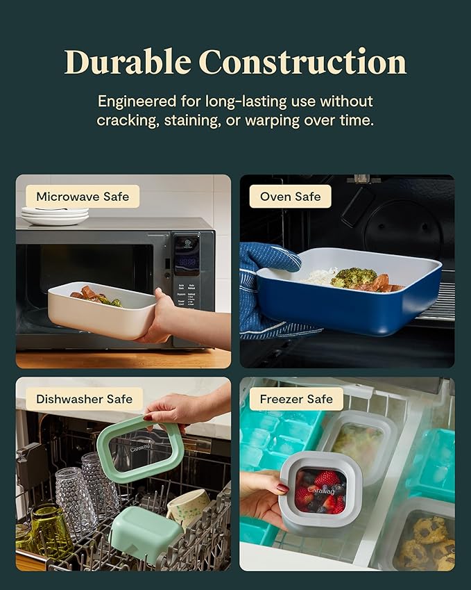 Caraway 13pc Glass Food Storage Container Set - Easy to Store, Non Toxic Lunch Box - with Glass Lids - Includes Storage Organizer - Navy