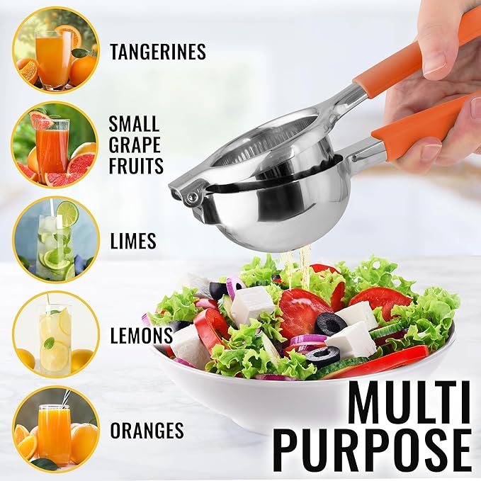 Zulay Kitchen Lemon Squeezer Stainless Steel with Premium Heavy Duty Solid Metal Squeezer Bowl and Food Grade Silicone Handles - Large Manual Citrus Press Juicer and SS Lime Squeezer (Orange)