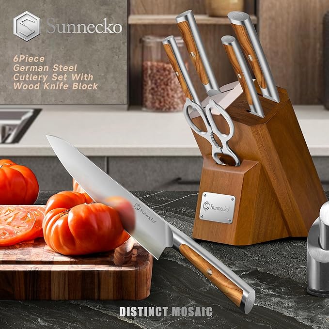 Sunnecko Knife Set for Kitchen - Block Knife Set of 6pcs with High Carbon Stainless Steel 1.4116 Chef Knife Set - Kitchen Knives with Olive Wood Handle and Acacia Wooden Knife Block