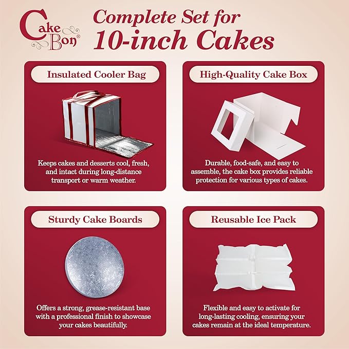 Cakebon Cake Box and Boards, 10-Inch Round Silver Smooth Edges 1/2- Inch Thick Drums with Insulated Bag and Ice Pack – Cake Transport Set, Cooler for Cake Delivery and Transport (1pc Each, 4pcs Total)