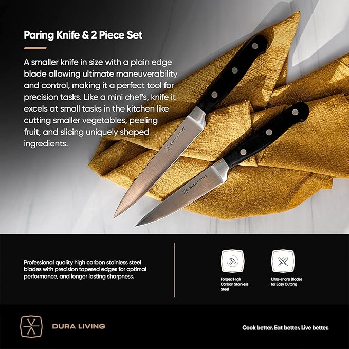 DURA LIVING 3-Piece Kitchen Knife Set – Ultra-Sharp Forged High Carbon Stainless Steel, Includes 8" Chef, 5" Utility, 3.5" Paring Knives, Ergonomic Handles, Professional Starter Set, Black