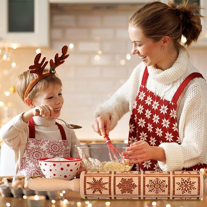 17" Premium Wooden Rolling Pins for Baking with Snowflake Embossed Designs | 3mm Deep Springerle Cookie Molds | Christmas Rolling Pin & Baking Gifts for Women | Includes 3-in-1 Cleaning Brush