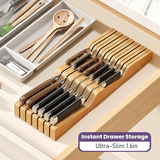 Bamboo In-Drawer Knife Block for 13 Knives(Not Included), Knife Drawer Organizer,Knife Holder Countertop,Block Knife Storage Organizer for Kitchen
