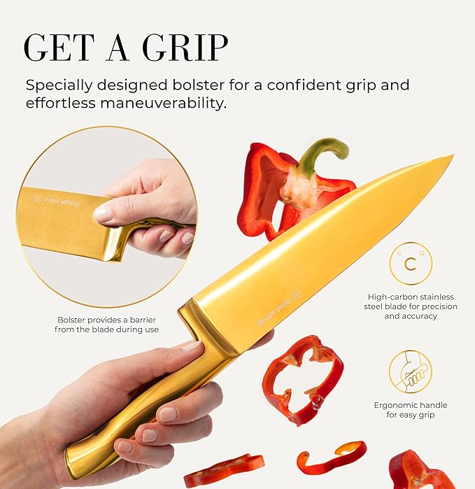 STYLED SETTINGS White and Gold Knife Set with Block – 14-PC Full Tang Titanium-Coated Stainless Steel Gold Knives and White Knife Block with Built-In Sharpener – Luxury Kitchen Accessories