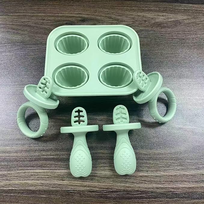 Silicone Baby Ice Pop Molds with Easy-Grip Handles, 4-Cavity Frozen Treat Tray for Toddlers, Mini Popsicle Maker for Teething Relief, Fruit Puree & Breastmilk Snacks (Olive Green)