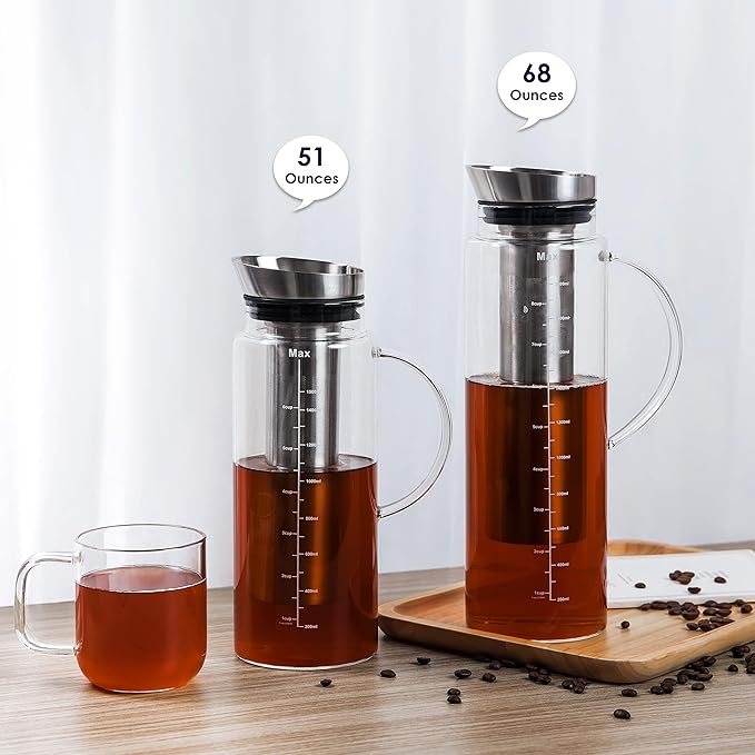 Aquach Cold Brew Coffee Iced Tea Maker & Fruit Pitcher - Large Capacity 51 Ounces - with Durable Glass Carafe/Fine Mesh Steel Infuser/Airtight Lid