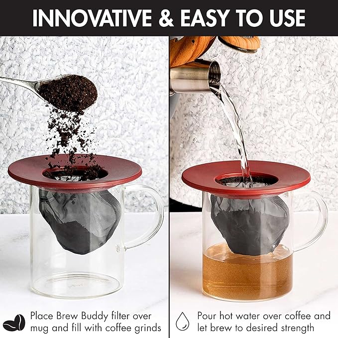 Primula Brew Buddy Portable Pour Over, Reusable Fine Mesh Filter, Dishwasher Safe, Single Serve Coffee or Tea at Any Strength, Ideal for Travel or Camping, Red, 2-Pack