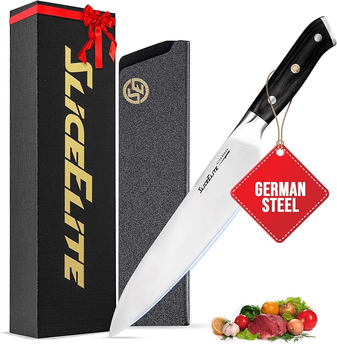 SliceElite Slice Series 8 Inch Chef Knife High Carbon German Steel Blade Pakkawood Handle with Polymer Blade Guard Professional Sharp Kitchen Knife for Meat Cutting Vegetable BBQ Cooking Chopping