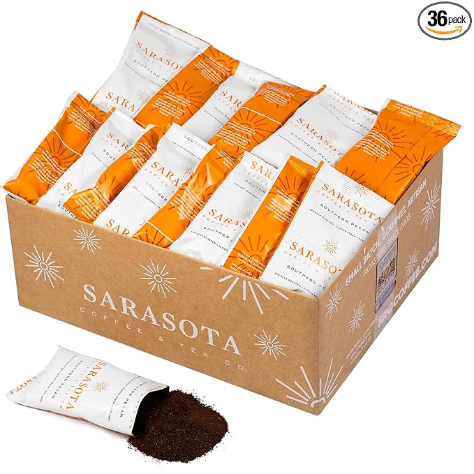 Sarasota Coffee Ground Packets | Gourmet Flavored Medium Roast Bulk Coffee Packs | Southern Texas Butter Pecan | Low Acid Mold Free Individual Pouches for 12 Cups Maker | 2 Ounce Bags, 36 Count