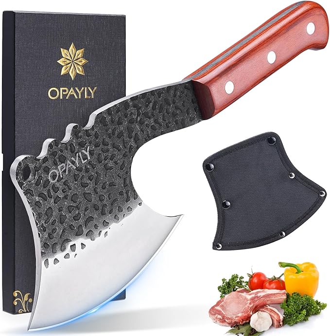 Meat Bone Cleaver Knife Heavy Duty Bone Choppe for Meat Cutting Hand Forged Butcher Axes with Cover cleavers High Carbon meat cleaver for Kitchen Outdoor Camping BBQ gifts for men